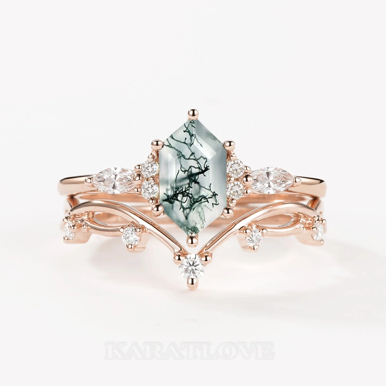 Hexagonal Cut Green Moss Agate Nature Inspired Rose Gold Sterling Silver Bridal Ring Set