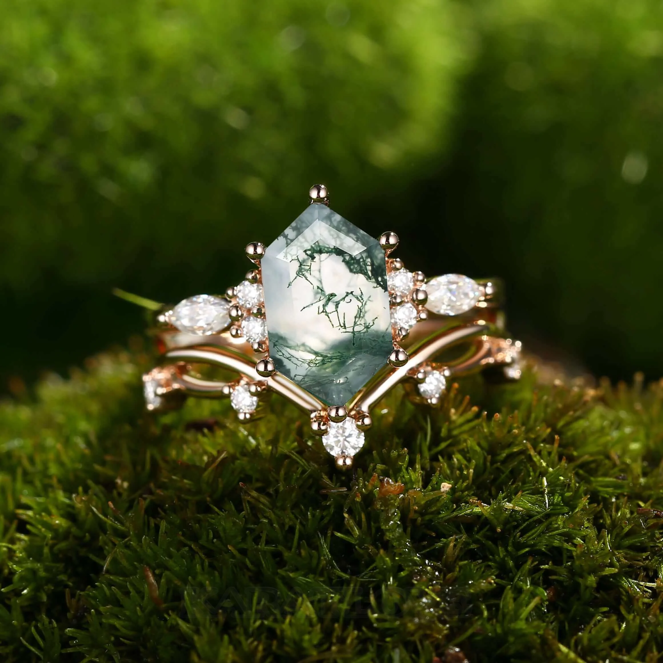Hexagonal Cut Green Moss Agate Nature Inspired Rose Gold Sterling Silver Bridal Ring Set