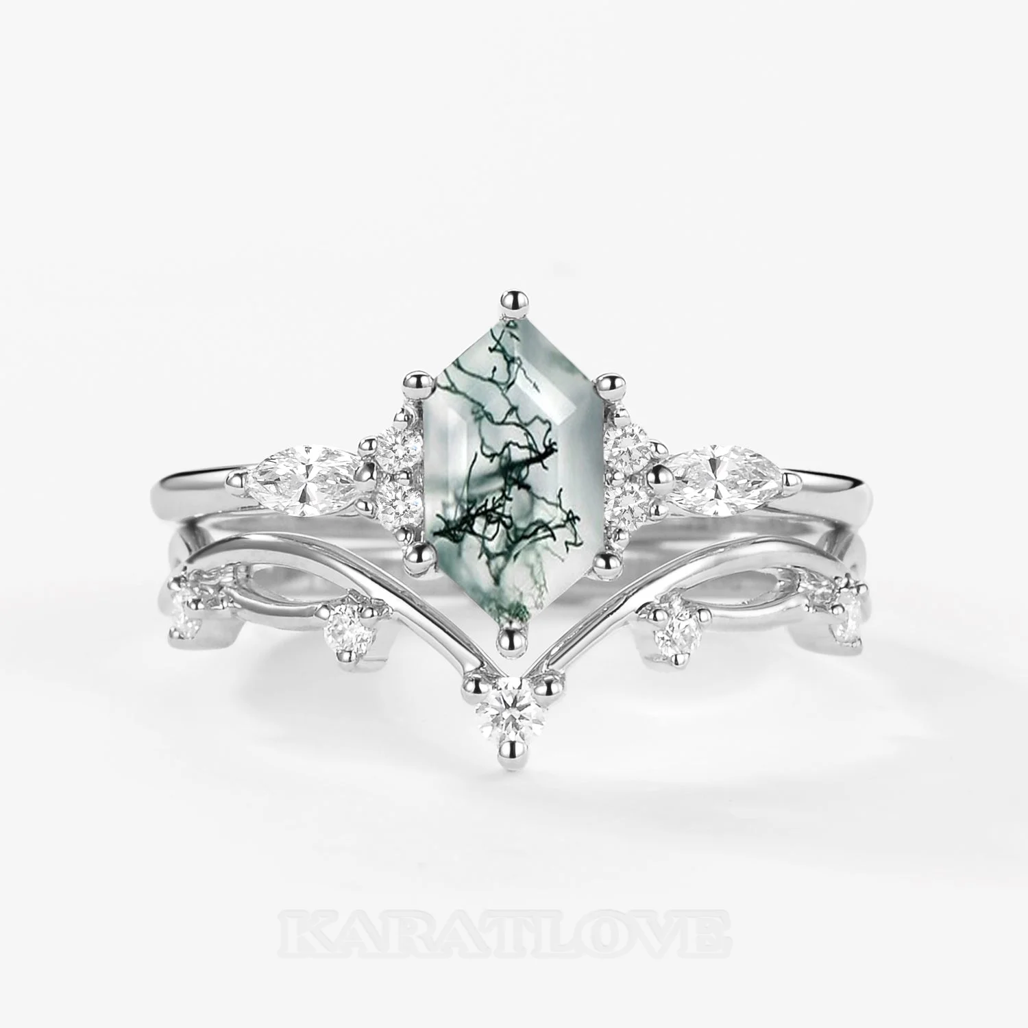 Hexagonal Cut Green Moss Agate Nature Inspired Sterling Silver Bridal Ring Set