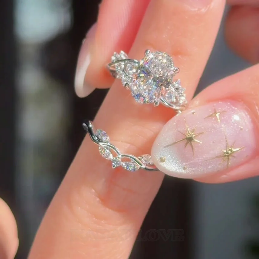 Oval Cut Diamond White Sterling Silver Intertwined Bridal Ring Sets