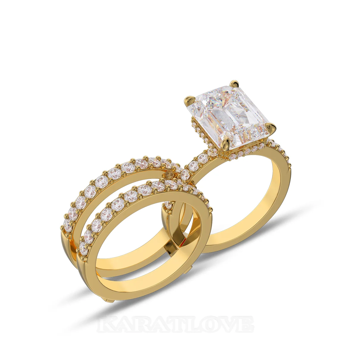 Emerald Cut Diamond White Insert Sterling Silver Yellow Gold Hidden Halo Jacket Bridal Sets