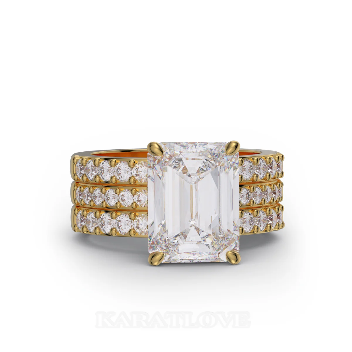 Emerald Cut Diamond White Insert Sterling Silver Yellow Gold Hidden Halo Jacket Bridal Sets