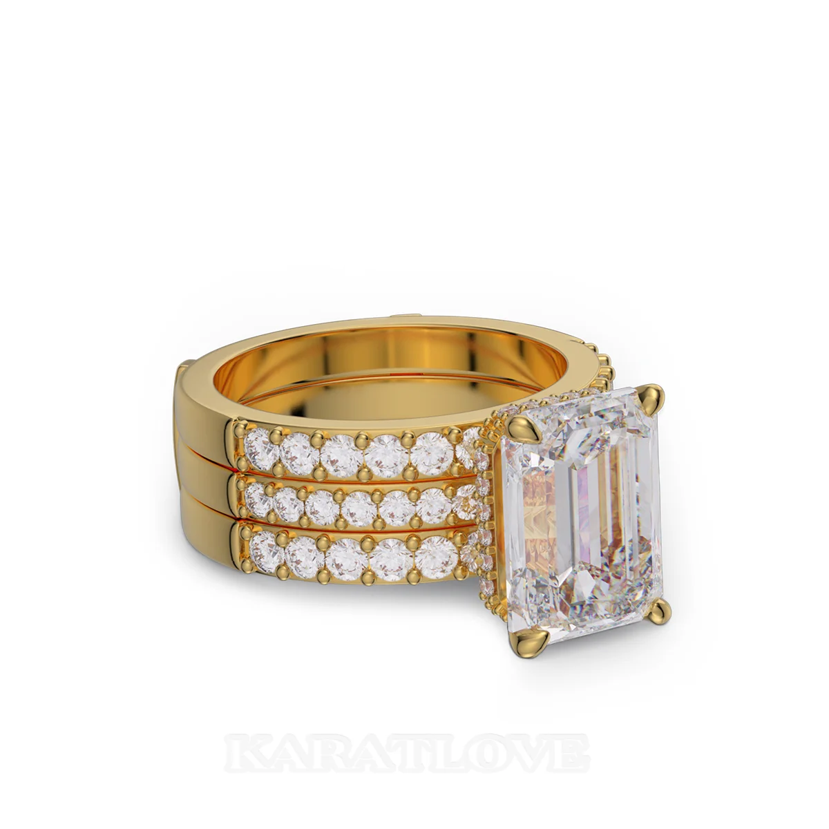 Emerald Cut Diamond White Insert Sterling Silver Yellow Gold Hidden Halo Jacket Bridal Sets