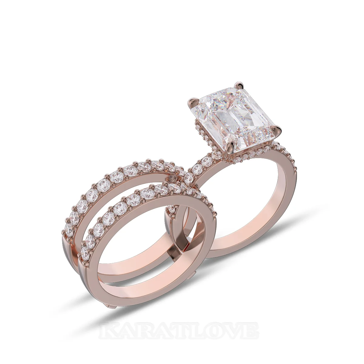 Emerald Cut Diamond White Insert Sterling Silver Rose Gold Hidden Halo Jacket Bridal Sets