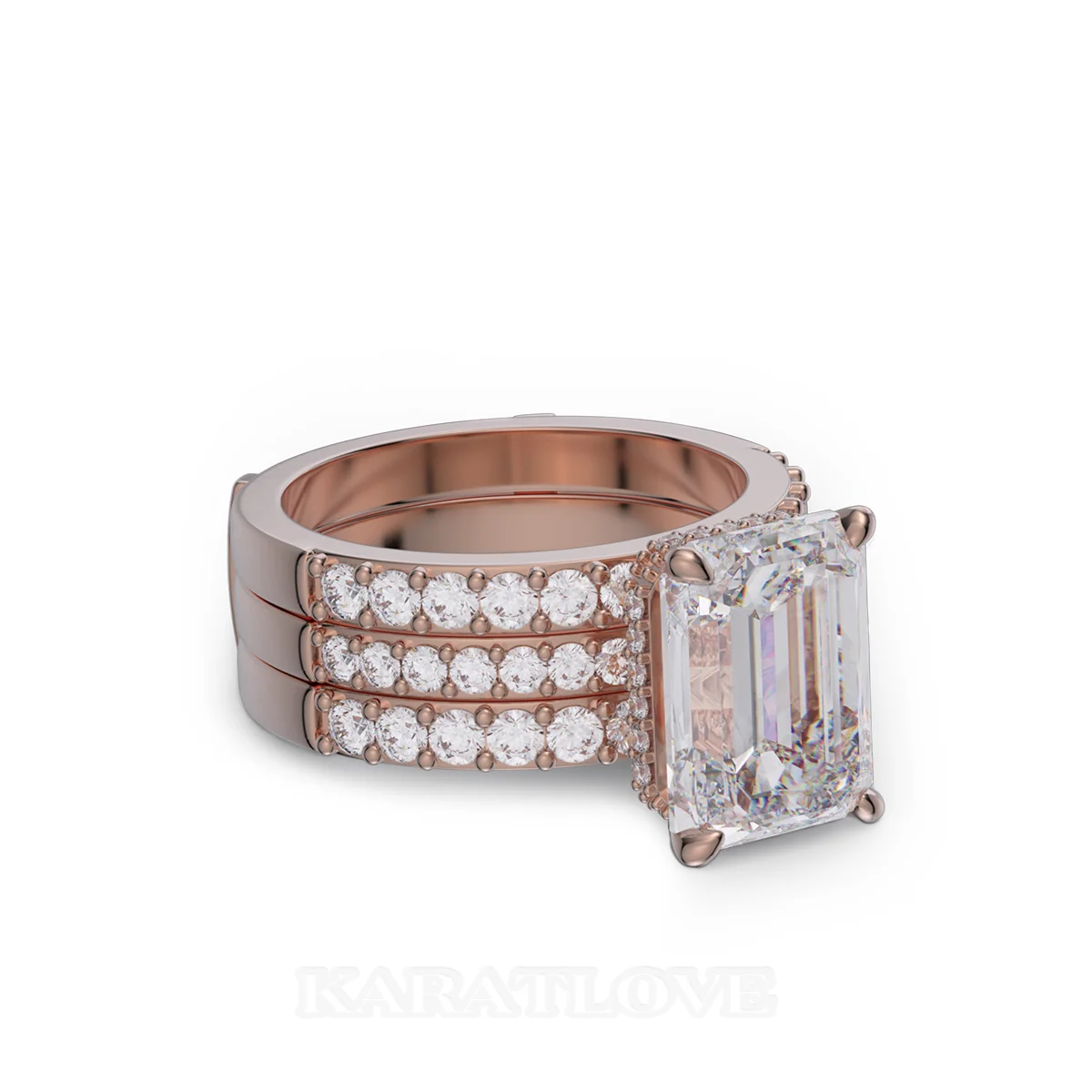 Emerald Cut Diamond White Insert Sterling Silver Rose Gold Hidden Halo Jacket Bridal Sets