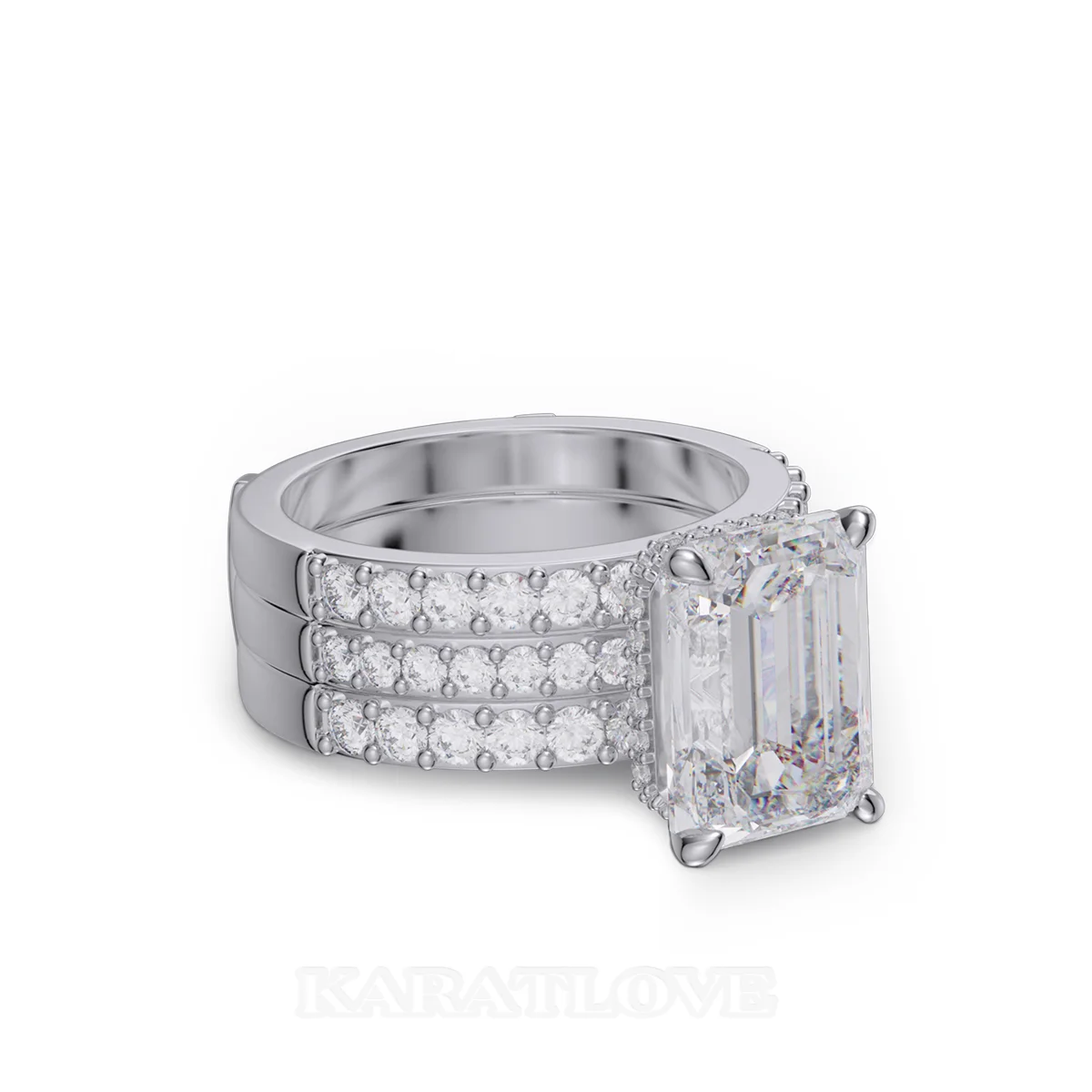 Emerald Cut Diamond White Insert Sterling Silver Hidden Halo Jacket Bridal Sets