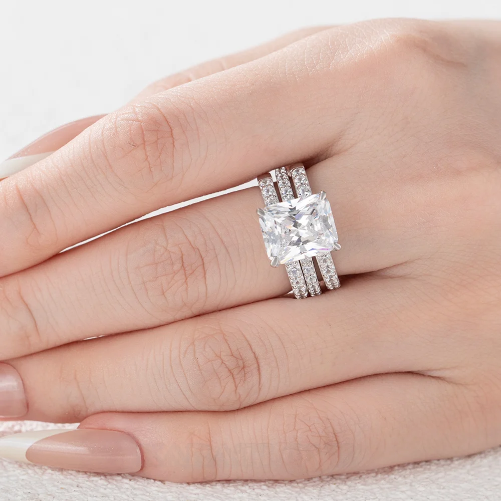 Emerald Cut Diamond White Insert Sterling Silver Hidden Halo Jacket Bridal Sets