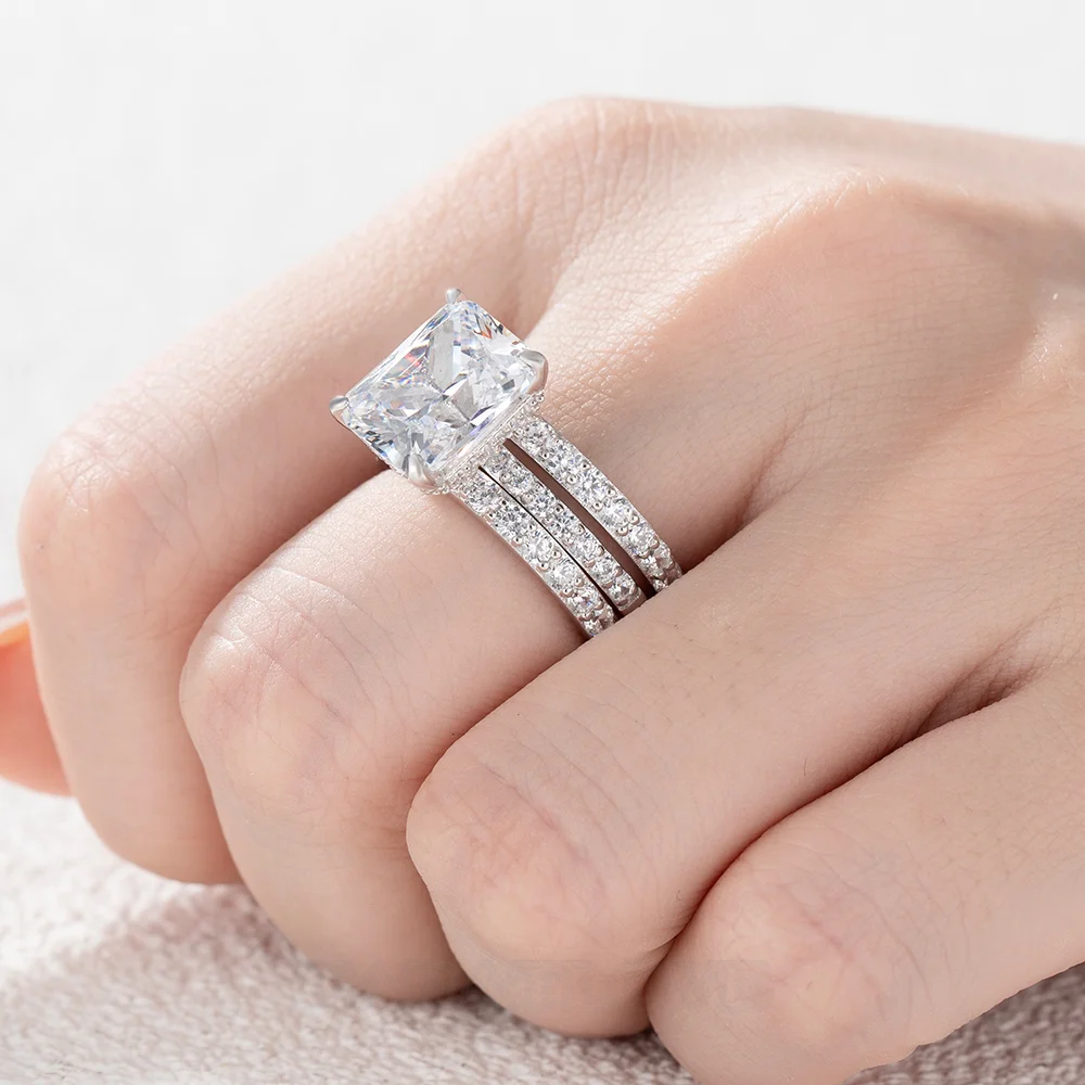 Emerald Cut Diamond White Insert Sterling Silver Hidden Halo Jacket Bridal Sets