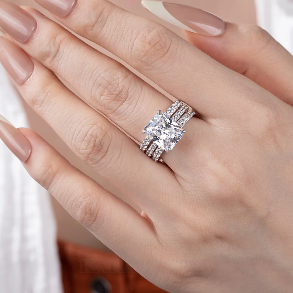 Emerald Cut Diamond White Insert Sterling Silver Hidden Halo Jacket Bridal Sets