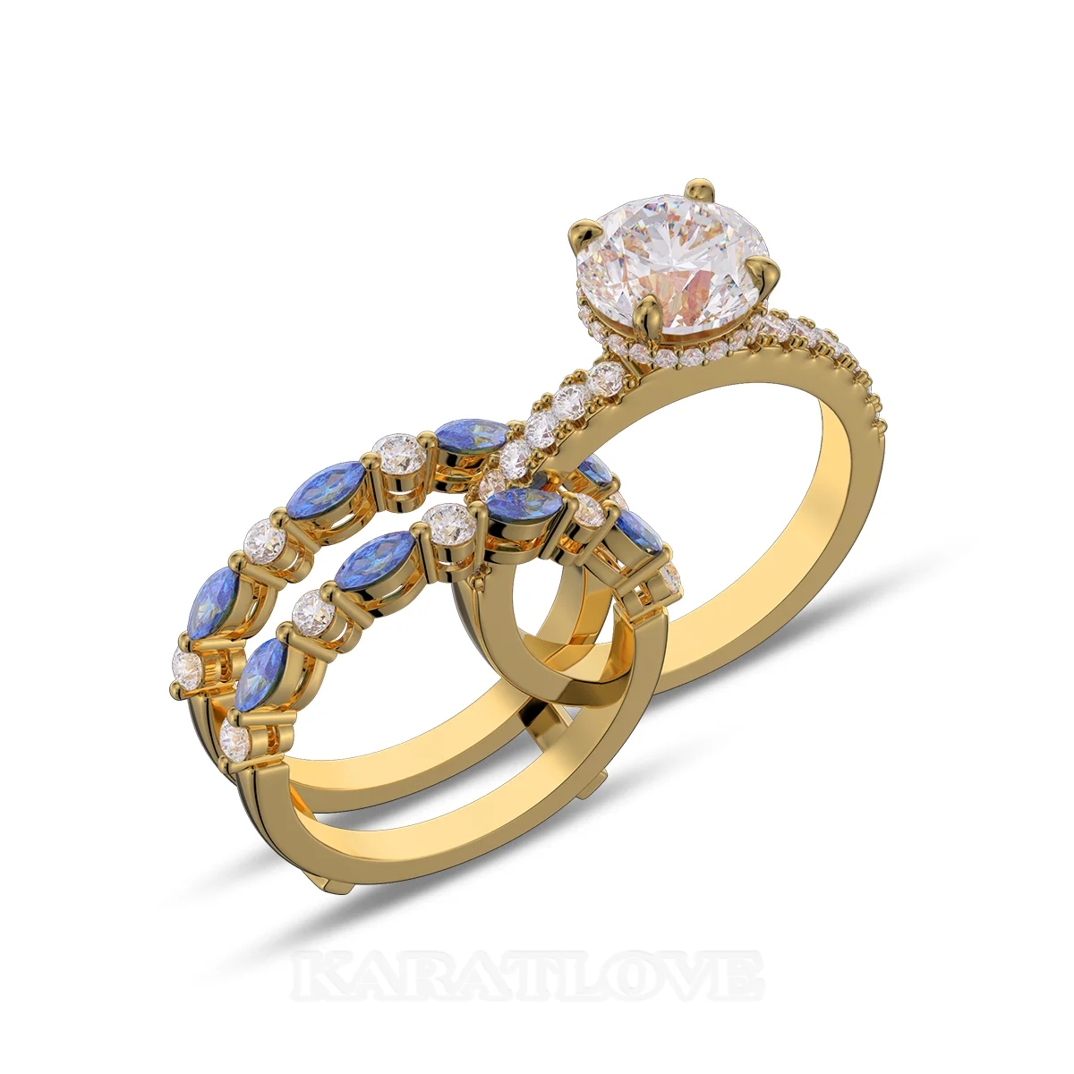 Round Cut Diamond White Insert Sterling Silver Yellow Gold Hidden Halo Jacket Bridal Sets