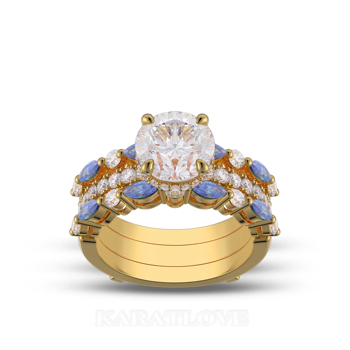 Round Cut Diamond White Insert Sterling Silver Yellow Gold Hidden Halo Jacket Bridal Sets