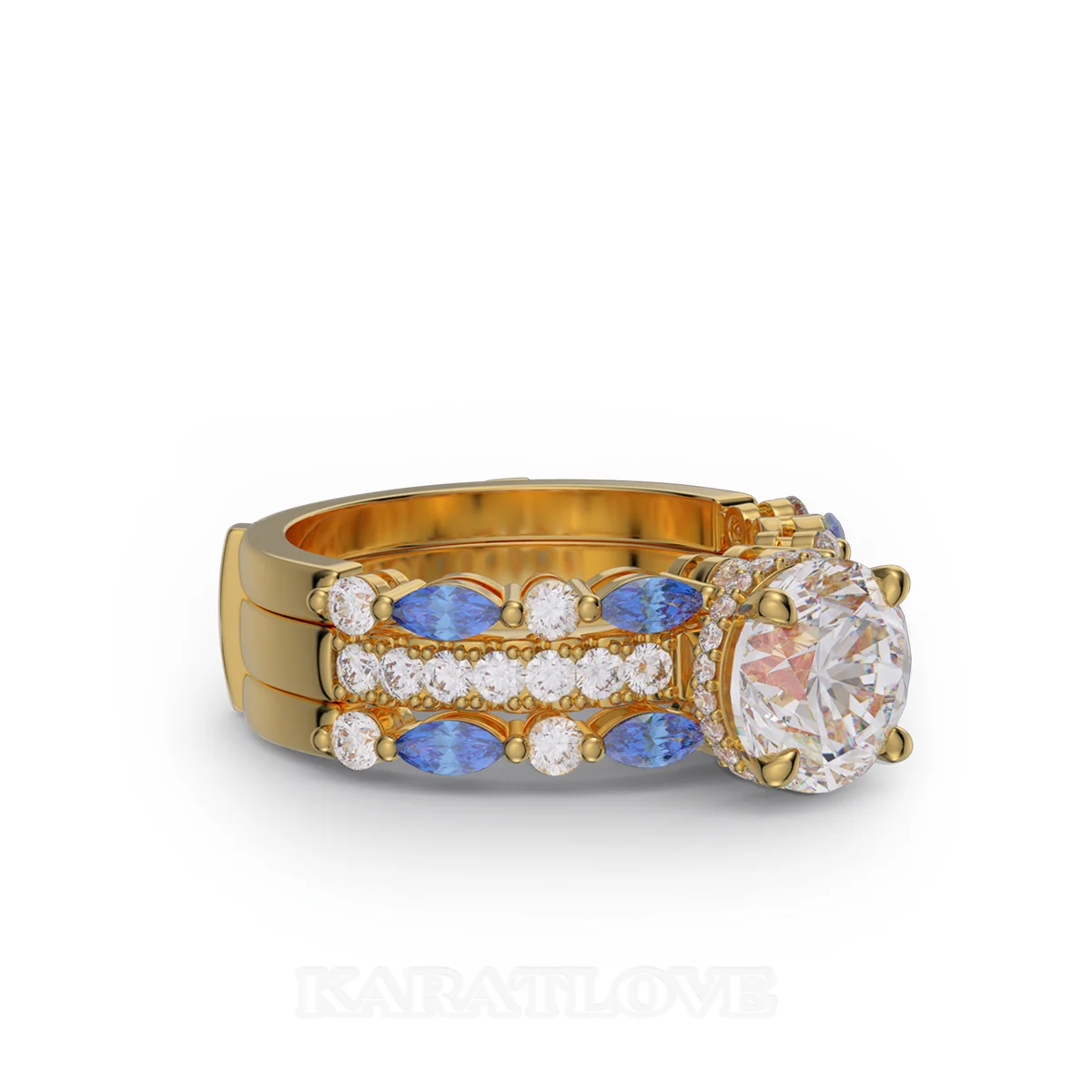 Round Cut Diamond White Insert Sterling Silver Yellow Gold Hidden Halo Jacket Bridal Sets