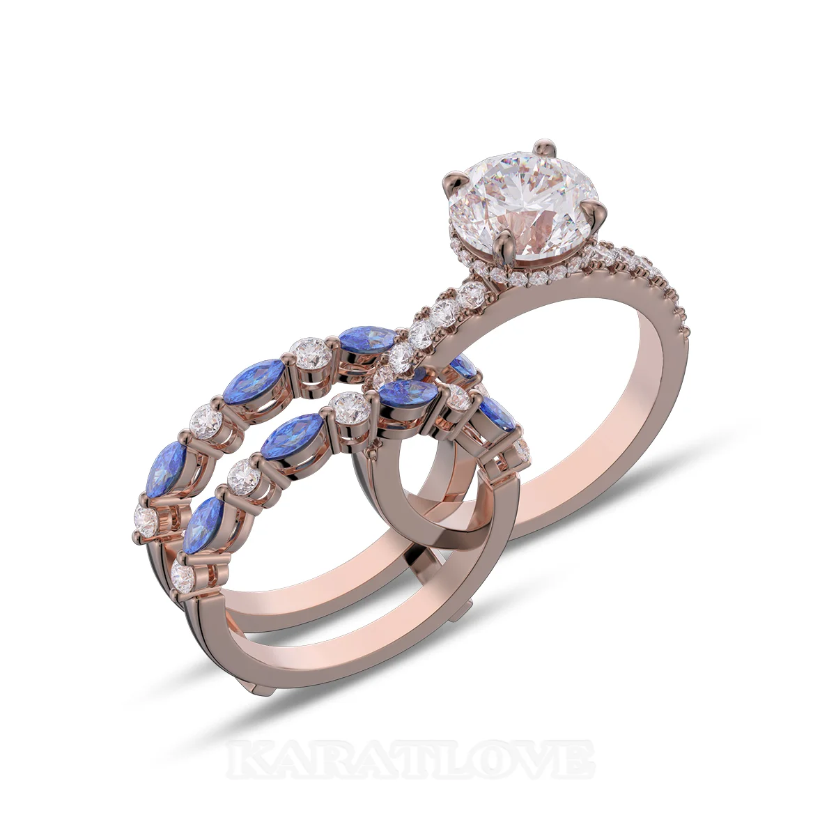 Round Cut Diamond White Insert Sterling Silver Rose Gold Hidden Halo Jacket Bridal Sets