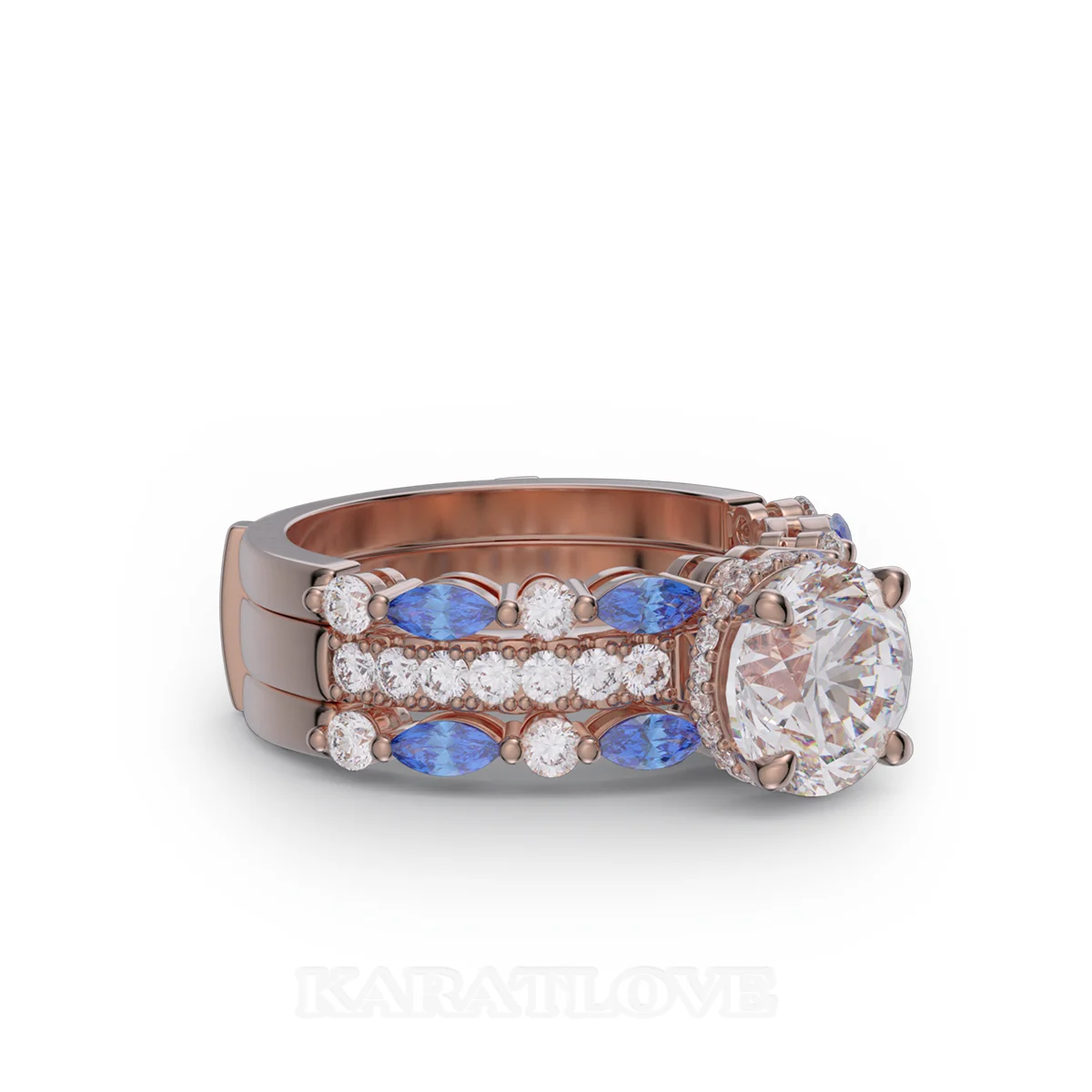 Round Cut Diamond White Insert Sterling Silver Rose Gold Hidden Halo Jacket Bridal Sets