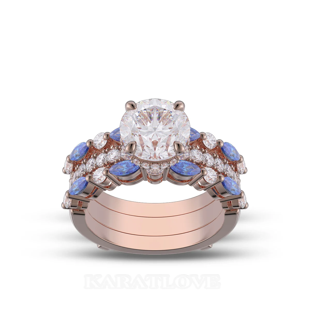 Round Cut Diamond White Insert Sterling Silver Rose Gold Hidden Halo Jacket Bridal Sets