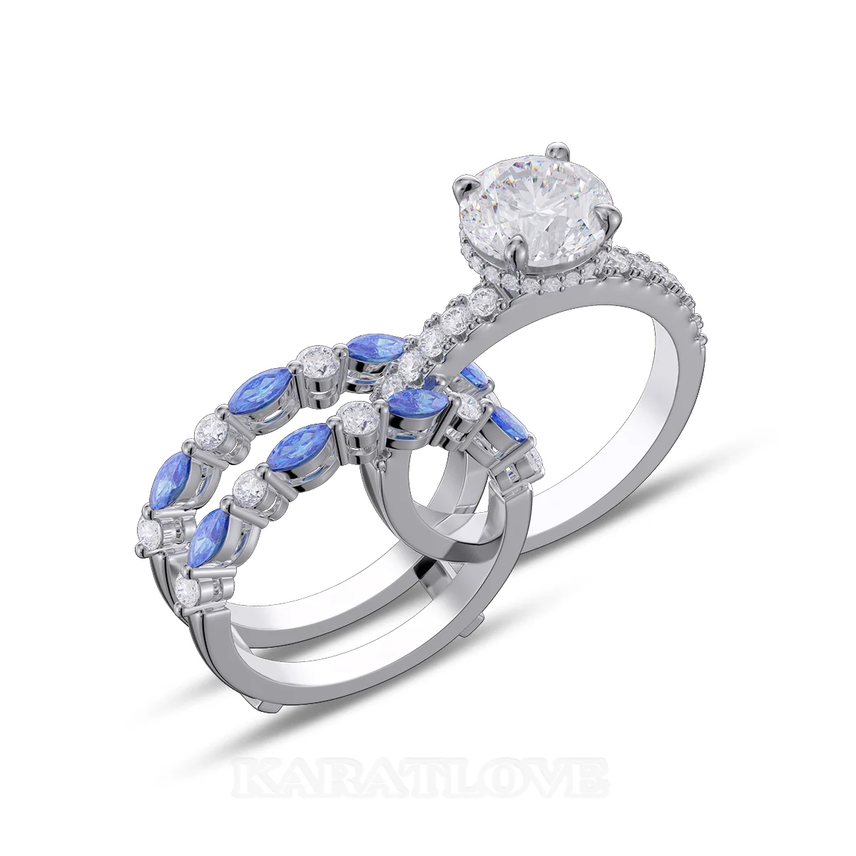 Round Cut Diamond White Insert Sterling Silver Silver Hidden Halo Jacket Bridal Sets