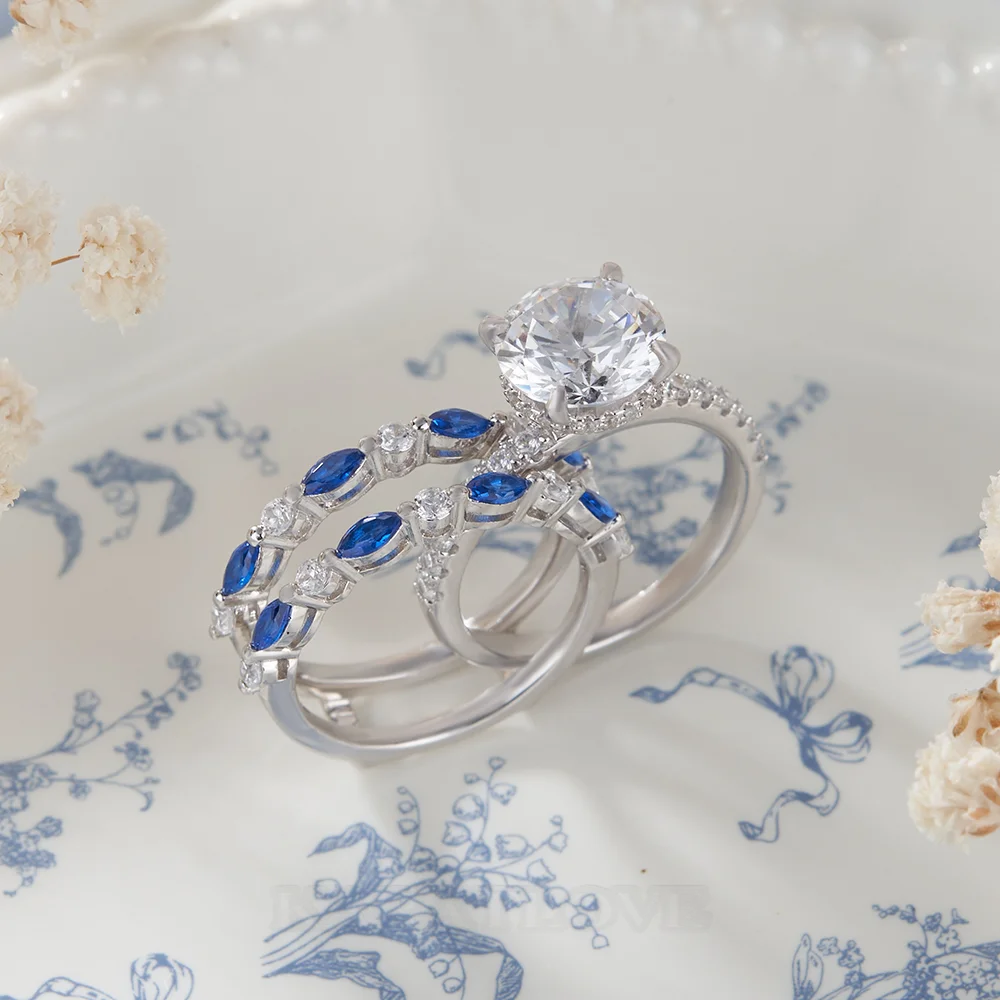 Round Cut Diamond White Insert Sterling Silver Silver Hidden Halo Jacket Bridal Sets