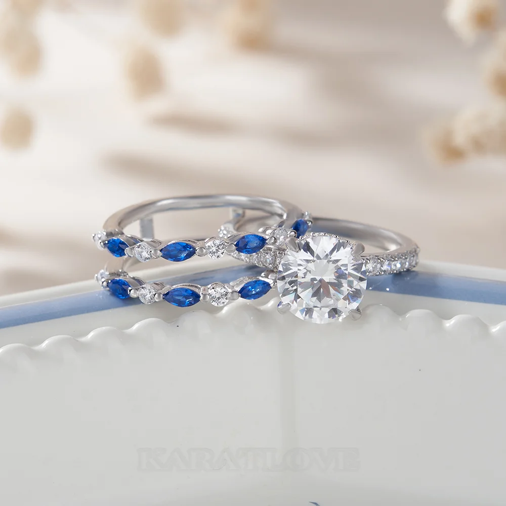 Round Cut Diamond White Insert Sterling Silver Silver Hidden Halo Jacket Bridal Sets