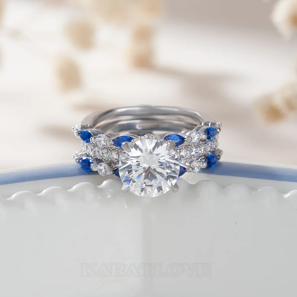 Round Cut Diamond White Insert Sterling Silver Silver Hidden Halo Jacket Bridal Sets