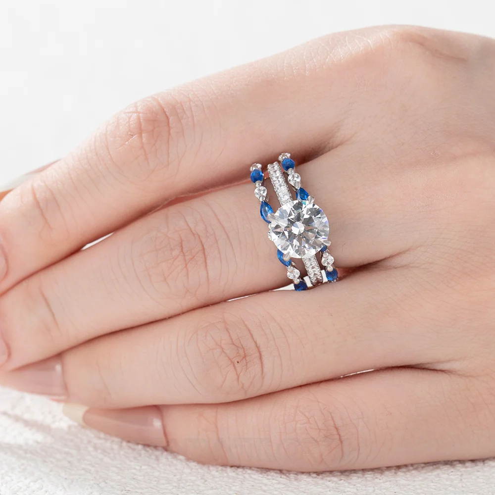 Round Cut Diamond White Insert Sterling Silver Silver Hidden Halo Jacket Bridal Sets