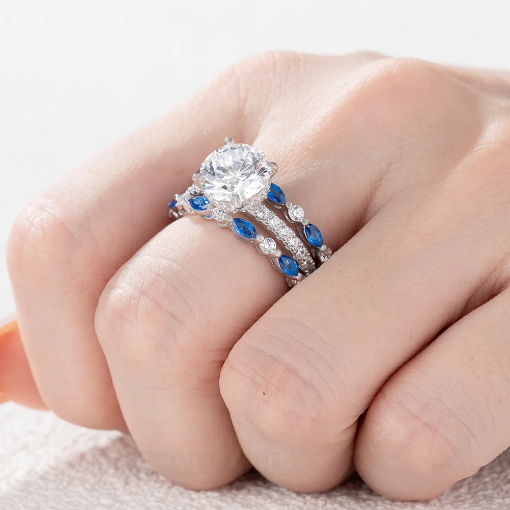 Round Cut Diamond White Insert Sterling Silver Silver Hidden Halo Jacket Bridal Sets