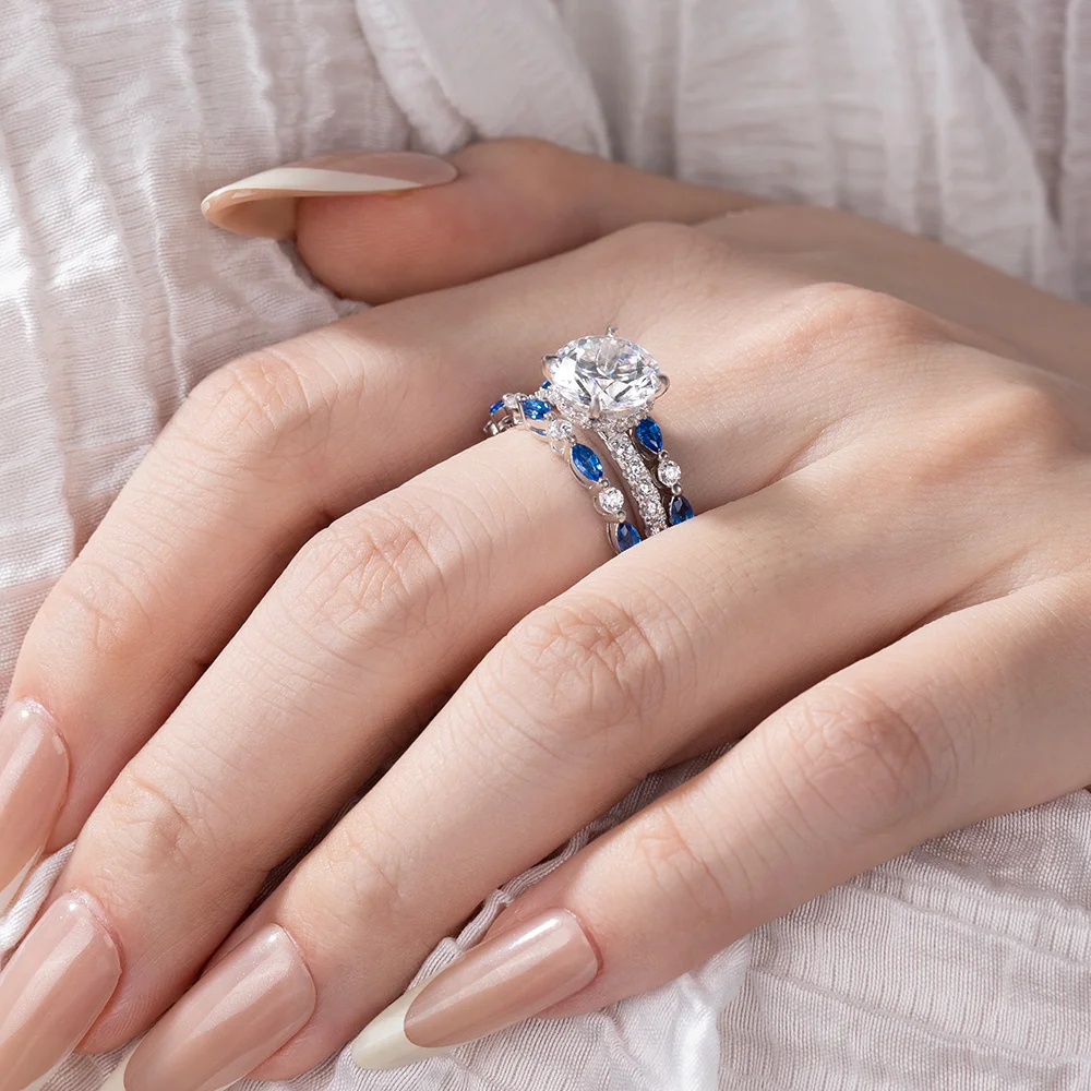 Round Cut Diamond White Insert Sterling Silver Silver Hidden Halo Jacket Bridal Sets