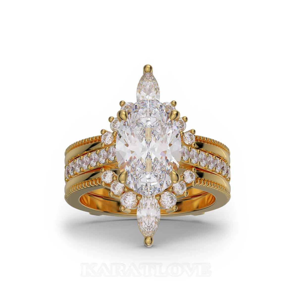 Oval Cut Diamond White Insert Sterling Silver Yellow Gold Hidden Halo Jacket Bridal Sets