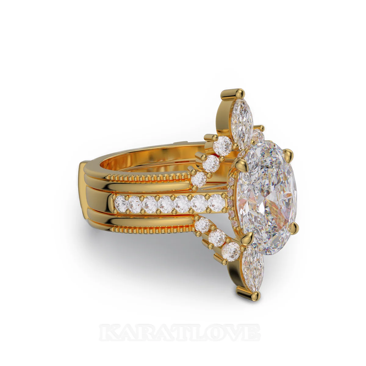 Oval Cut Diamond White Insert Sterling Silver Yellow Gold Hidden Halo Jacket Bridal Sets