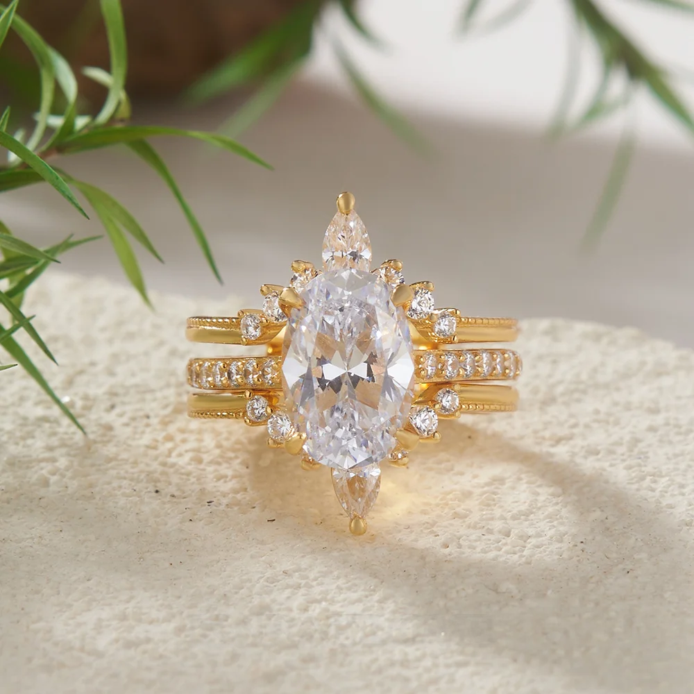 Oval Cut Diamond White Insert Sterling Silver Yellow Gold Hidden Halo Jacket Bridal Sets