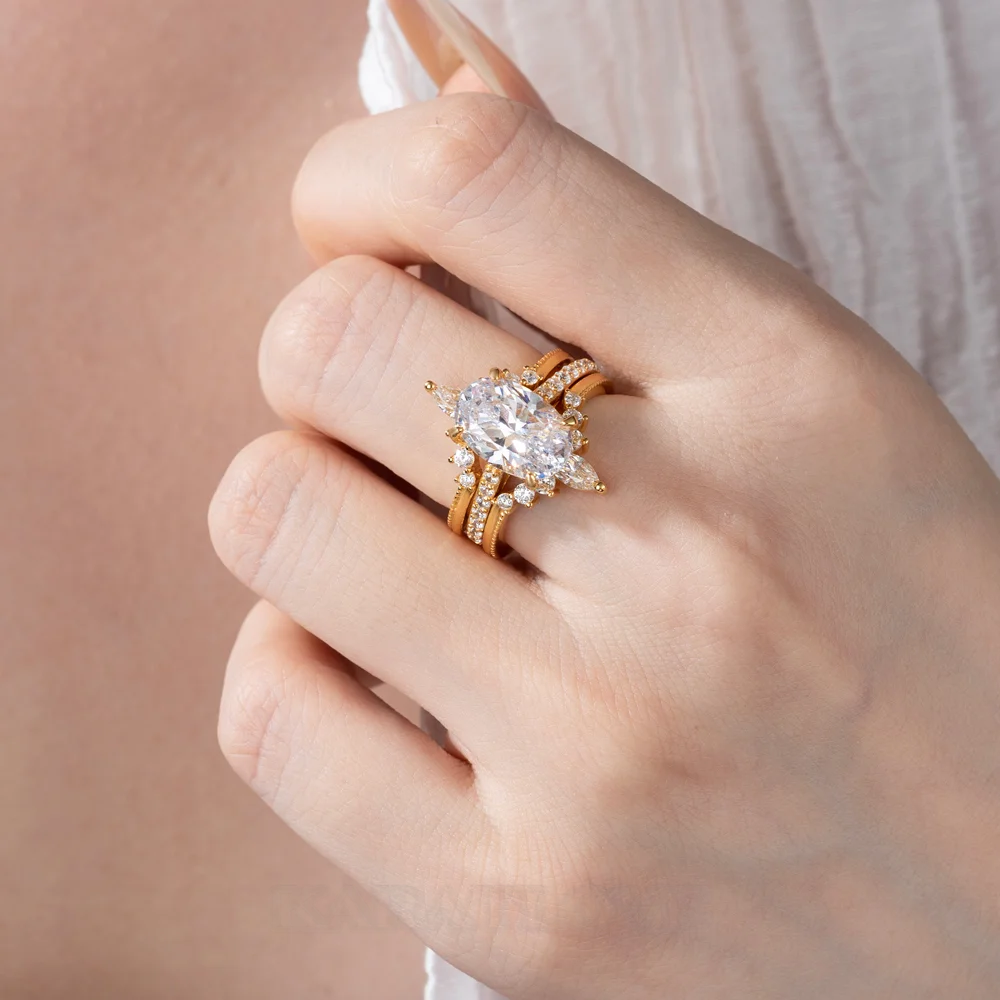 Oval Cut Diamond White Insert Sterling Silver Yellow Gold Hidden Halo Jacket Bridal Sets