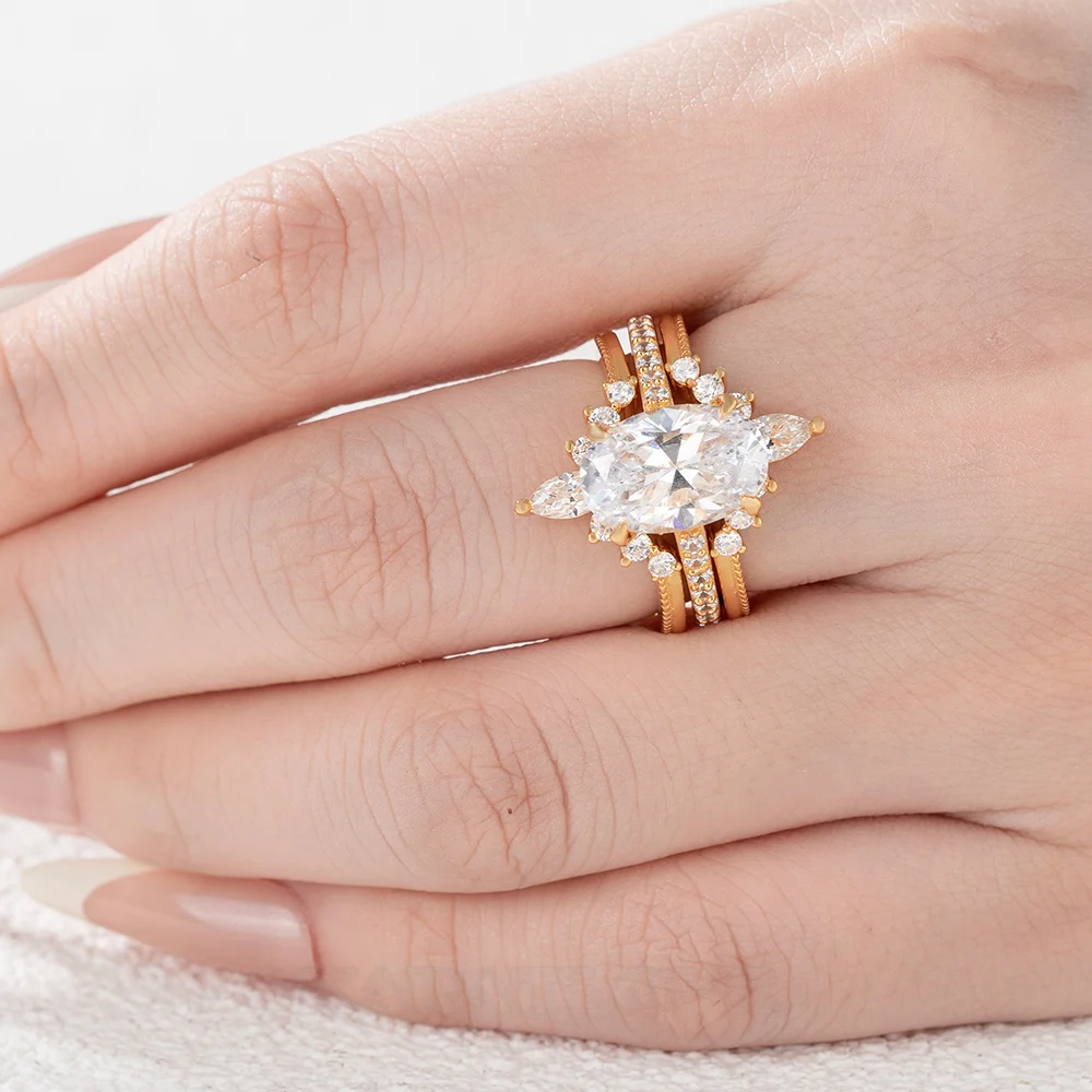 Oval Cut Diamond White Insert Sterling Silver Yellow Gold Hidden Halo Jacket Bridal Sets