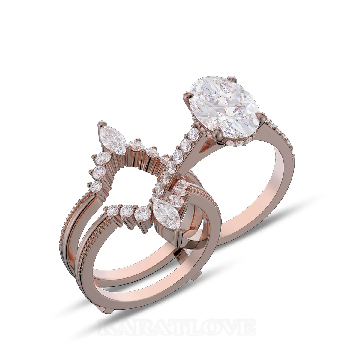 Oval Cut Diamond White Insert Sterling Silver Rose Gold Hidden Halo Jacket Bridal Sets