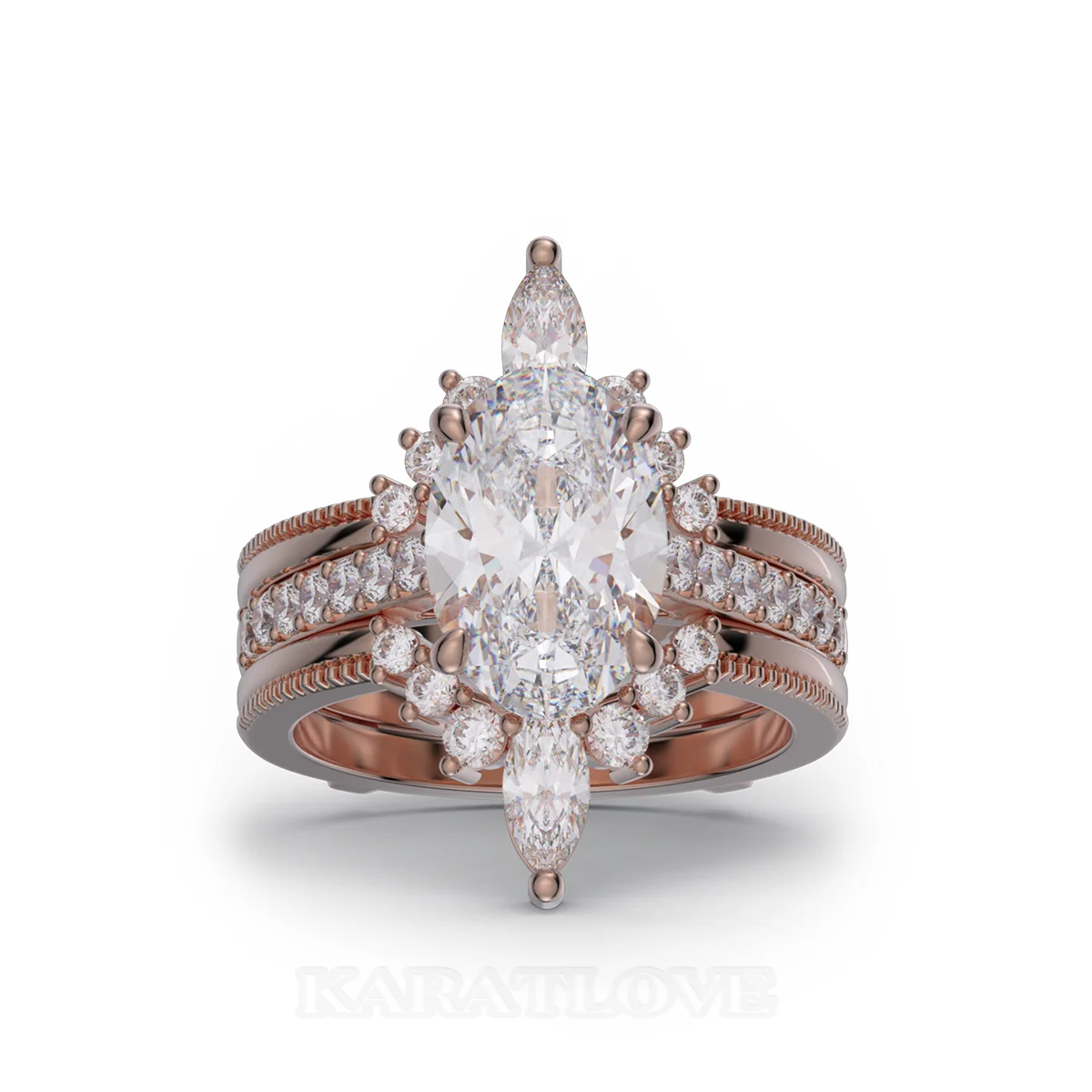 Oval Cut Diamond White Insert Sterling Silver Rose Gold Hidden Halo Jacket Bridal Sets