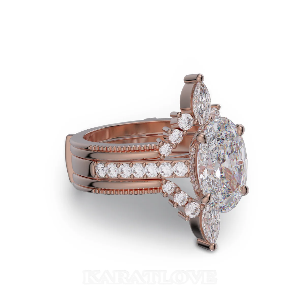 Oval Cut Diamond White Insert Sterling Silver Rose Gold Hidden Halo Jacket Bridal Sets