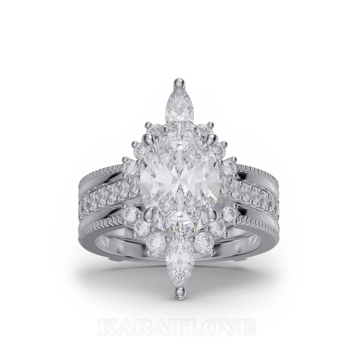 Oval Cut Diamond White Insert Sterling Silver Hidden Halo Jacket Bridal Sets