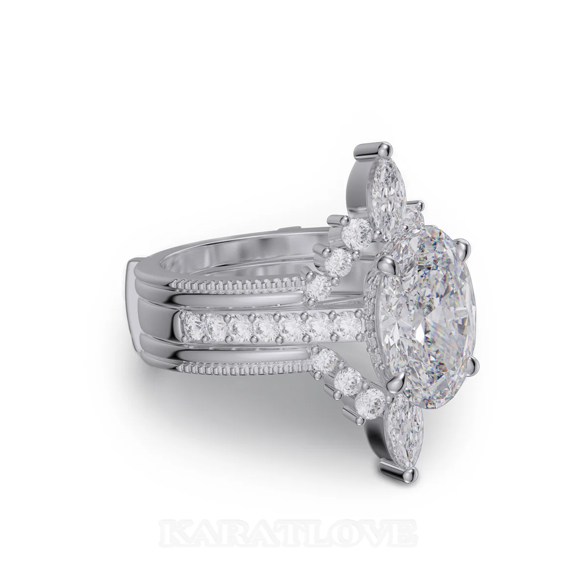 Oval Cut Diamond White Insert Sterling Silver Hidden Halo Jacket Bridal Sets