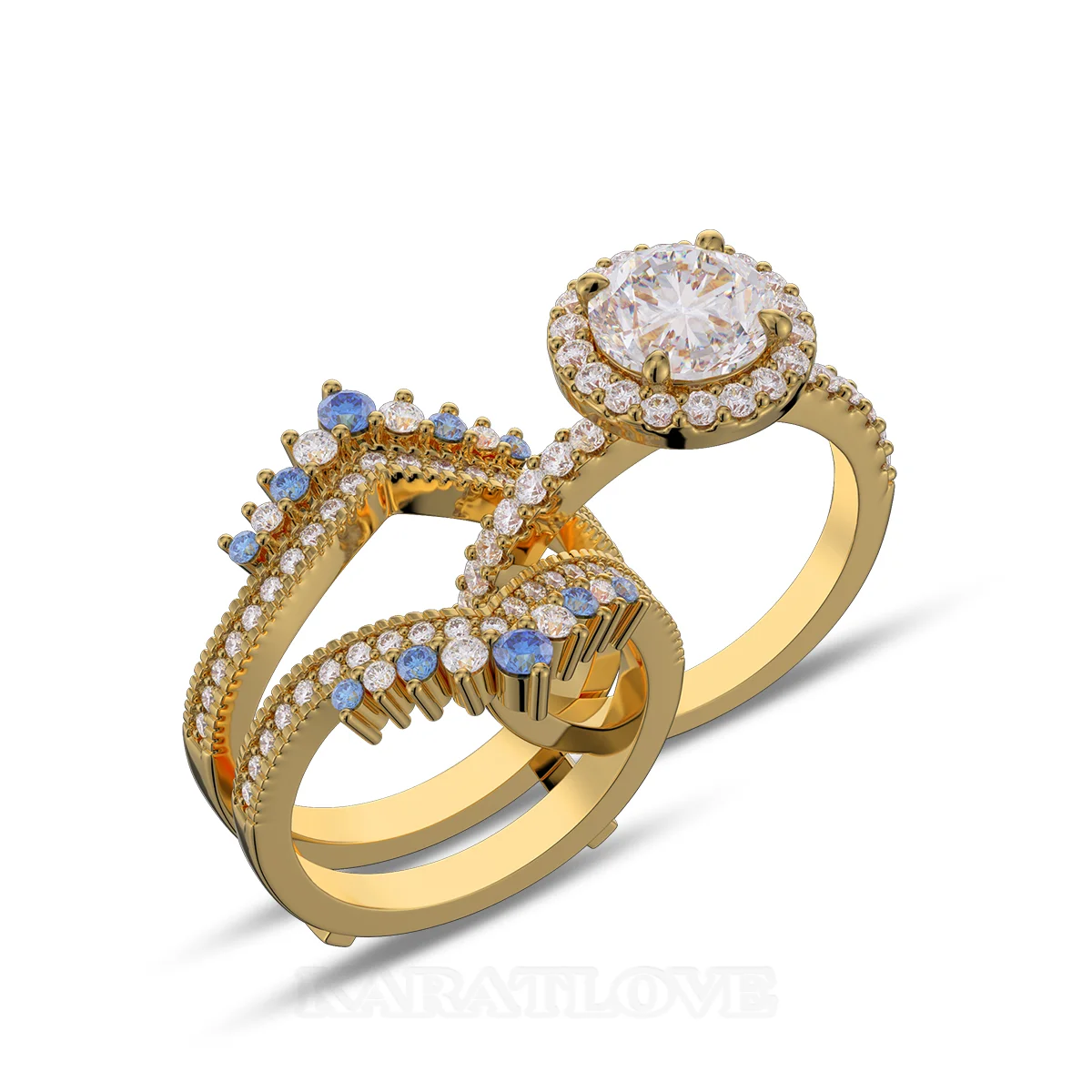 Round Cut Diamond White Insert Sterling Silver Yellow Gold Halo Jacket Bridal Sets