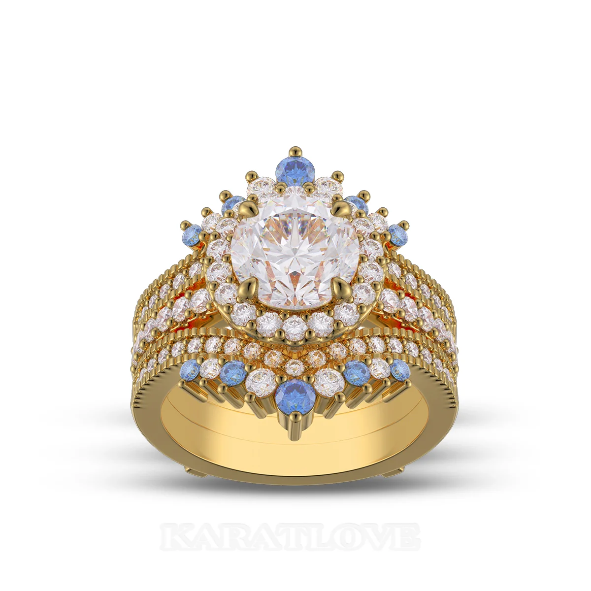 Round Cut Diamond White Insert Sterling Silver Yellow Gold Halo Jacket Bridal Sets