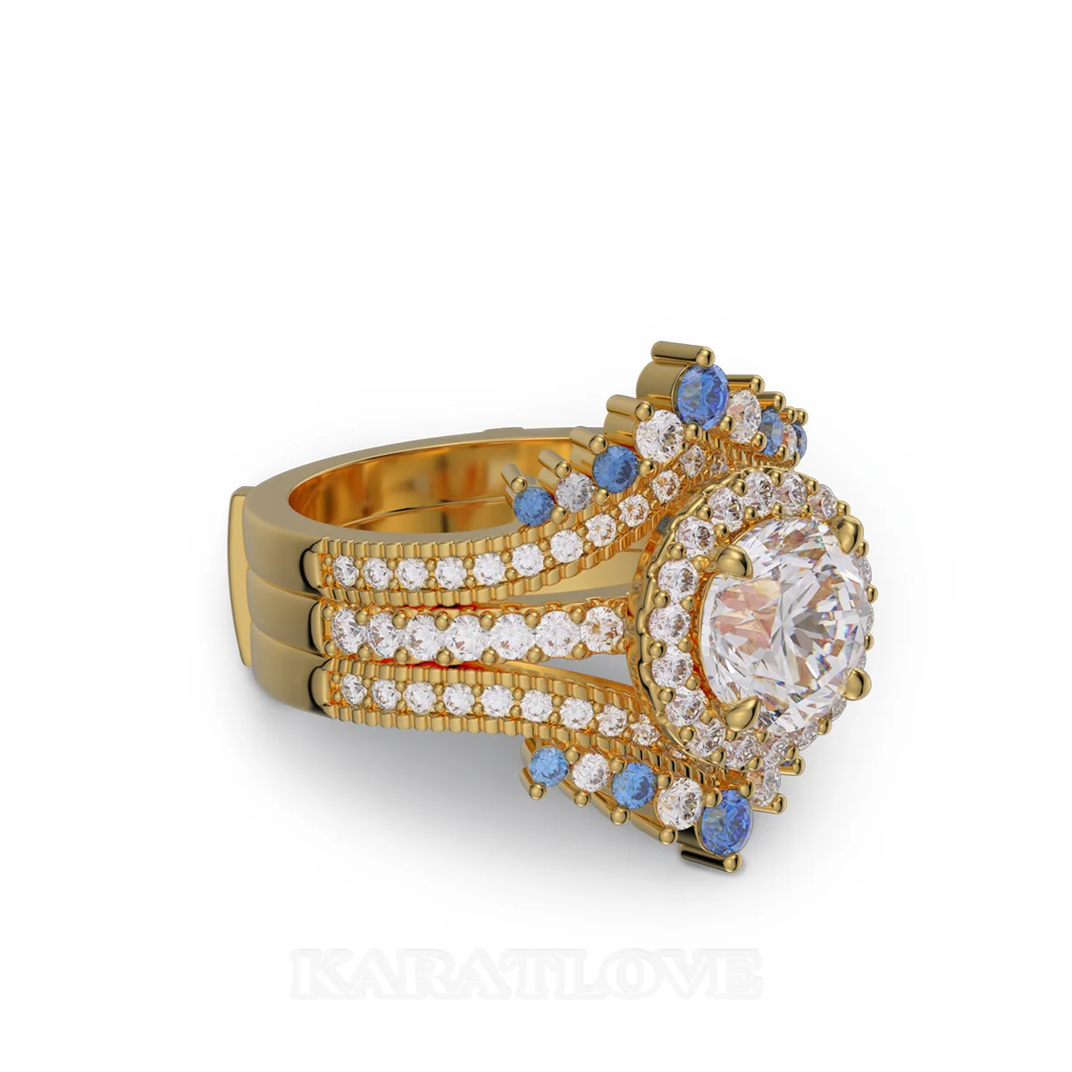 Round Cut Diamond White Insert Sterling Silver Yellow Gold Halo Jacket Bridal Sets