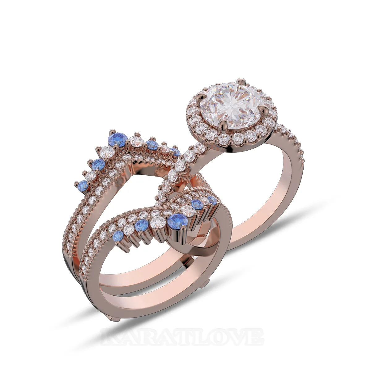 Round Cut Diamond White Insert Sterling Silver Rose Gold Halo Jacket Bridal Sets