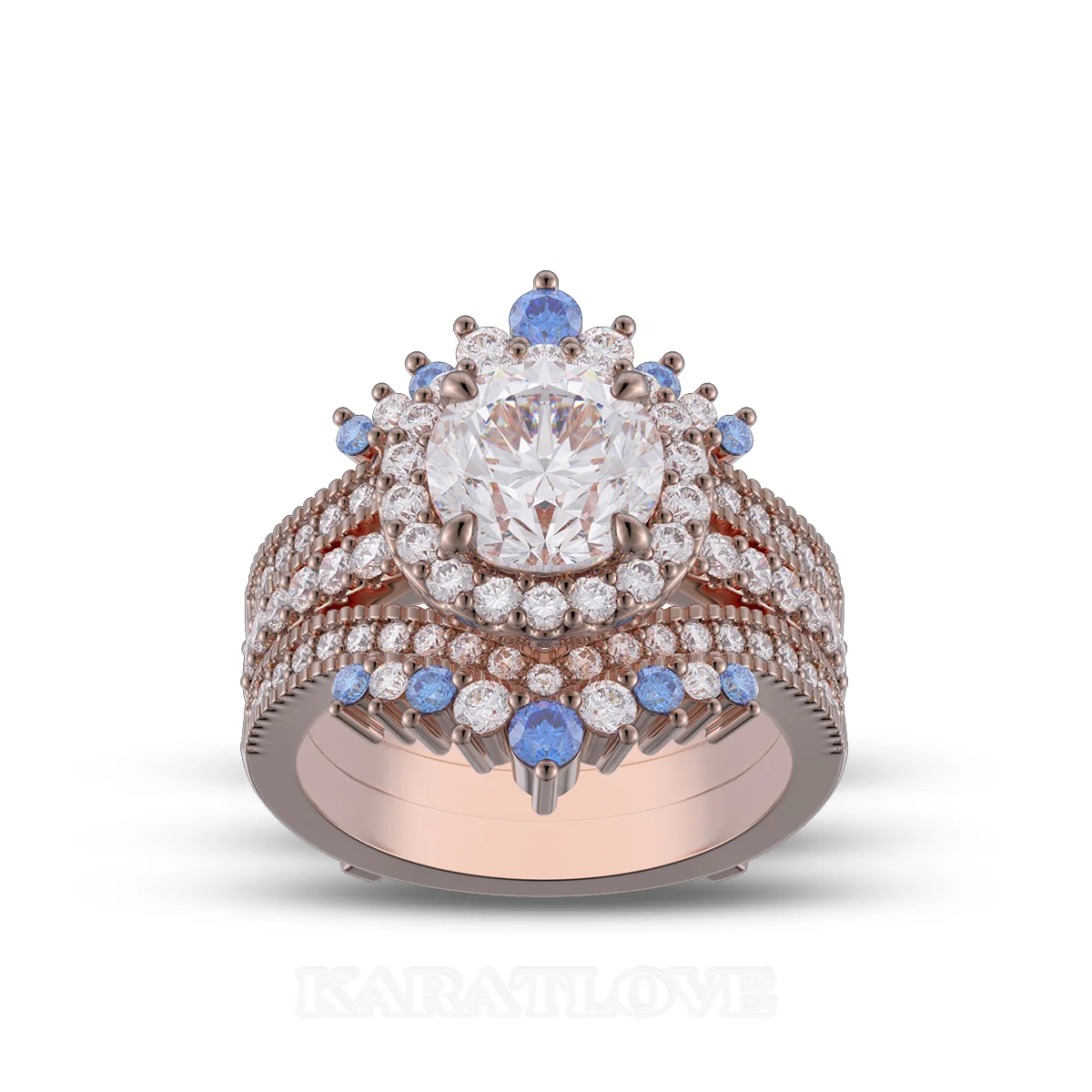 Round Cut Diamond White Insert Sterling Silver Rose Gold Halo Jacket Bridal Sets