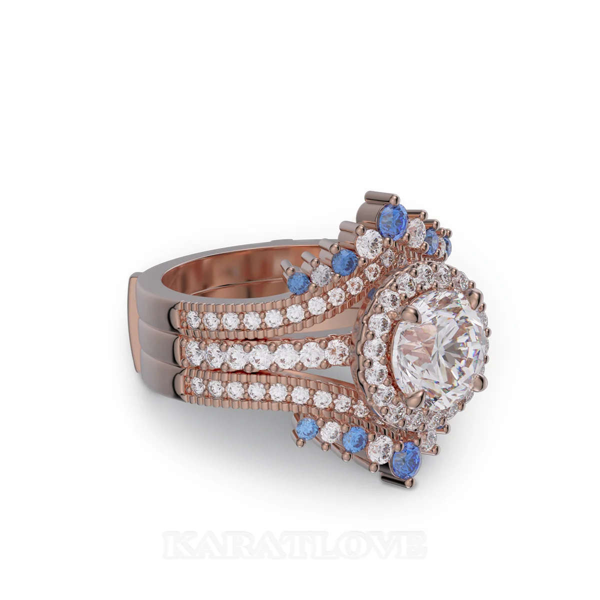 Round Cut Diamond White Insert Sterling Silver Rose Gold Halo Jacket Bridal Sets