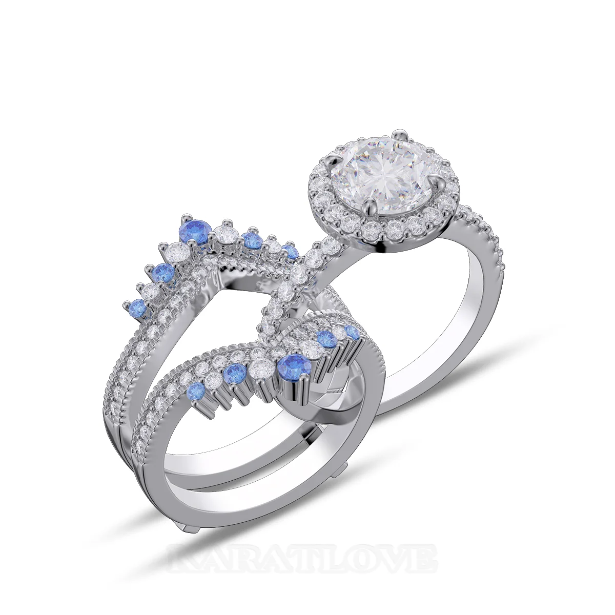 Round Cut Diamond White Insert Sterling Silver Halo Jacket Bridal Sets