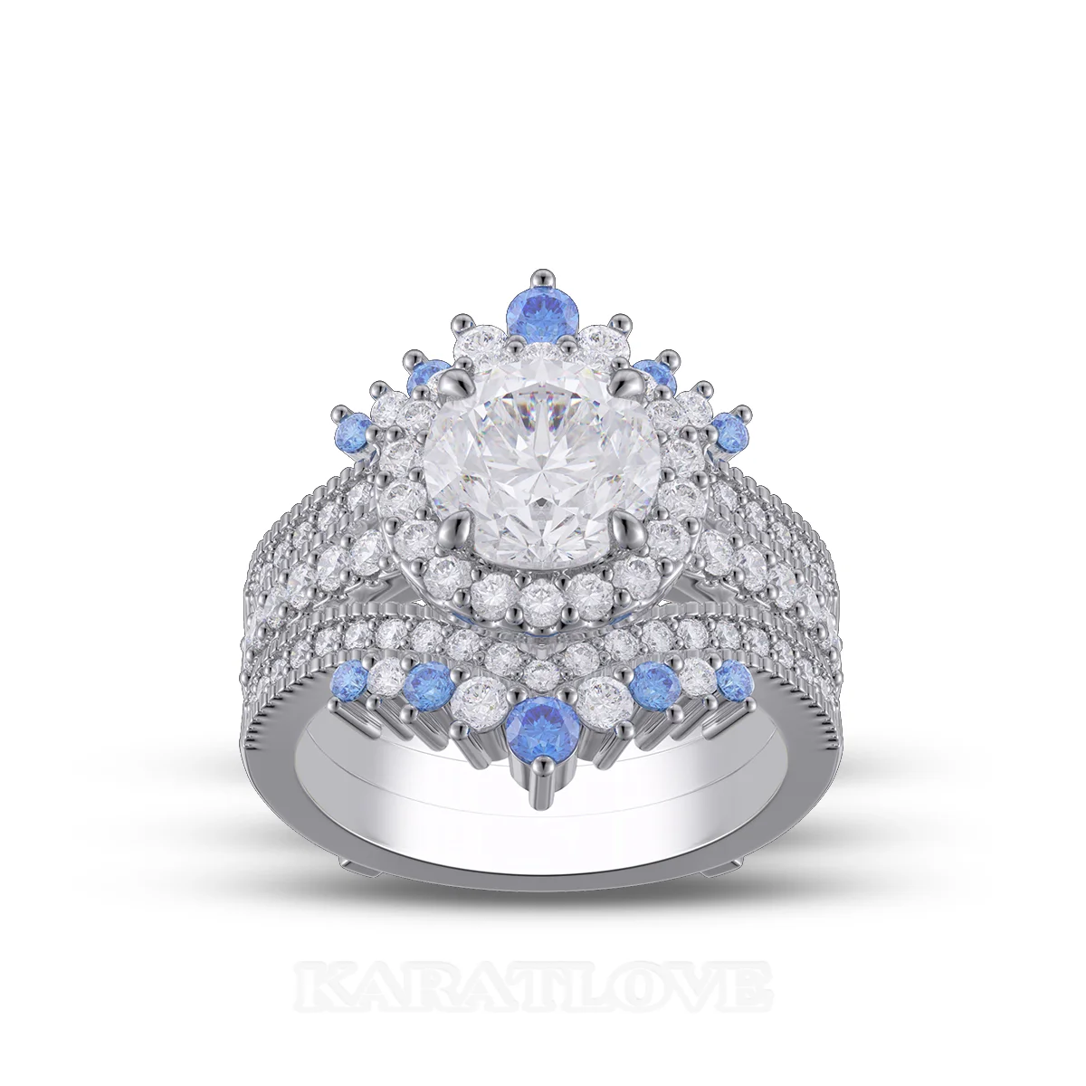 Round Cut Diamond White Insert Sterling Silver Halo Jacket Bridal Sets