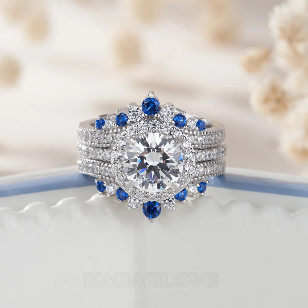 Round Cut Diamond White Insert Sterling Silver Halo Jacket Bridal Sets