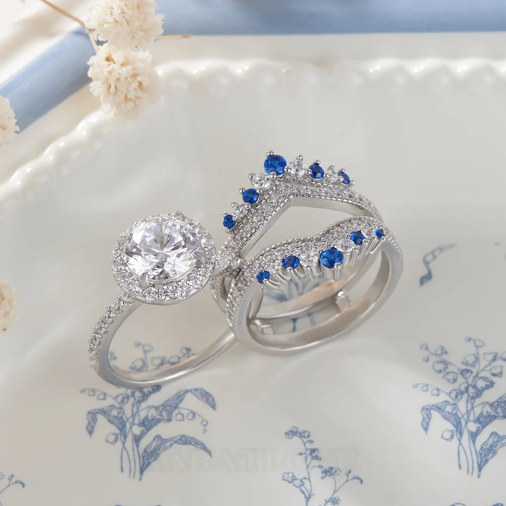 Round Cut Diamond White Insert Sterling Silver Halo Jacket Bridal Sets