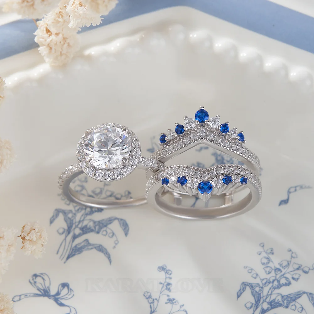 Round Cut Diamond White Insert Sterling Silver Halo Jacket Bridal Sets