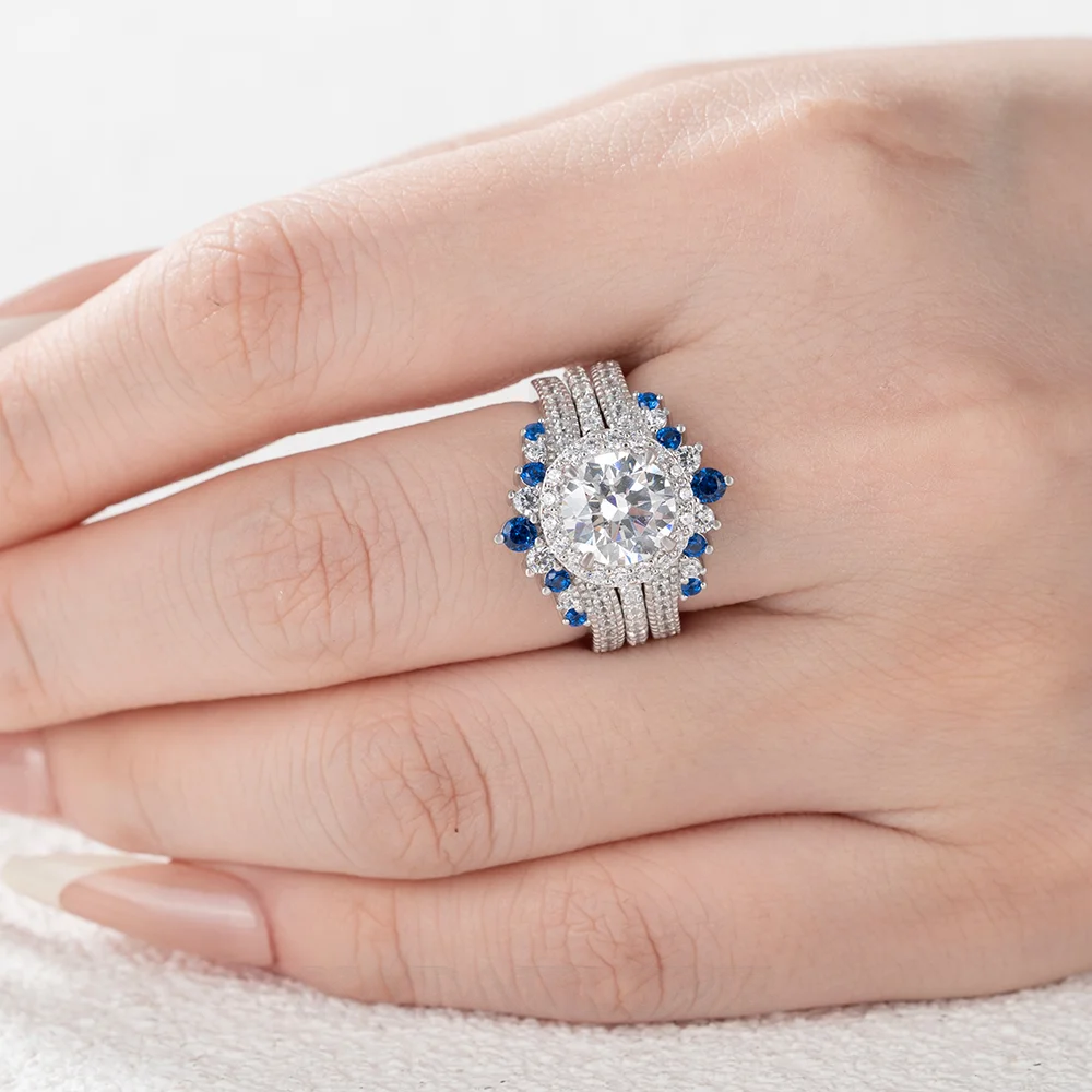 Round Cut Diamond White Insert Sterling Silver Halo Jacket Bridal Sets