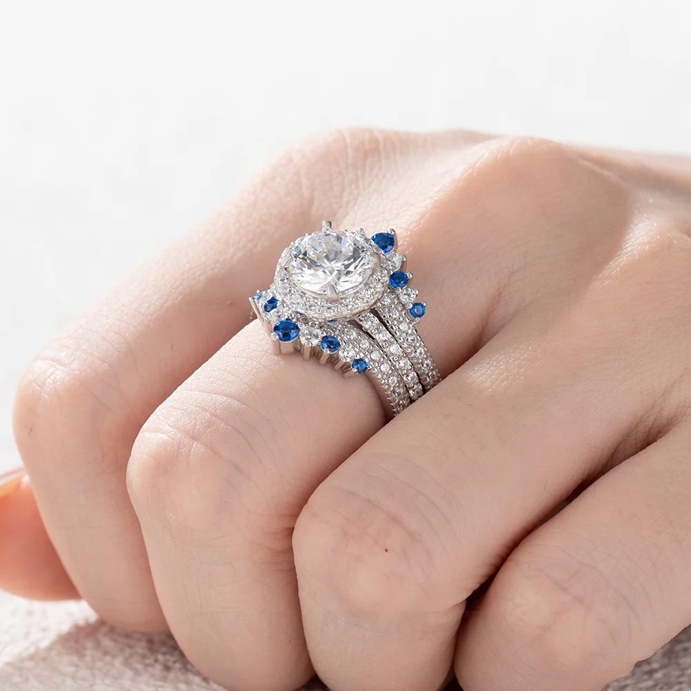 Round Cut Diamond White Insert Sterling Silver Halo Jacket Bridal Sets