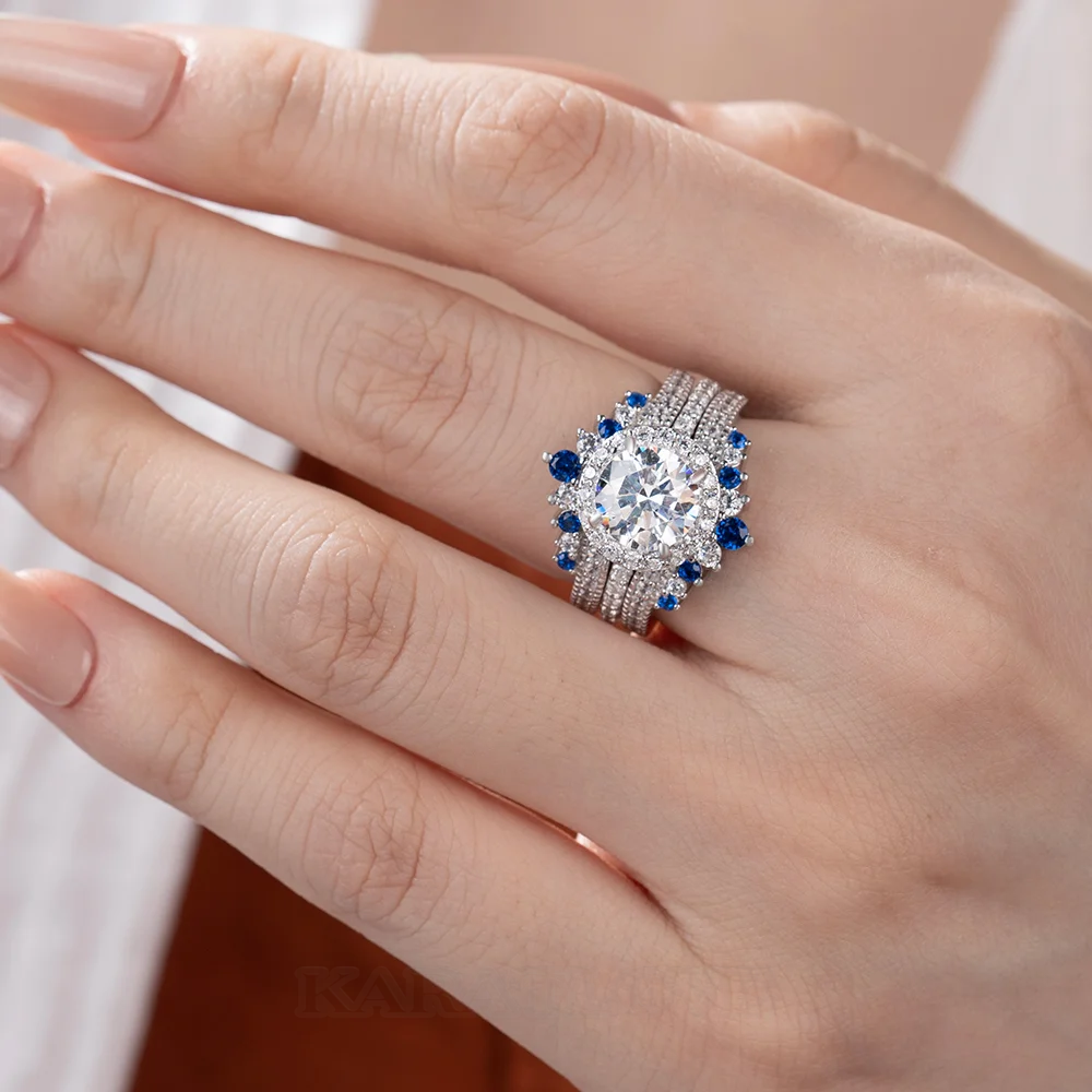 Round Cut Diamond White Insert Sterling Silver Halo Jacket Bridal Sets